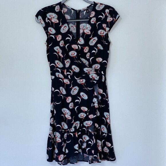 J Crew Mercantile Navy an Rust Faux Wrap Tiered Ruffle Mini Dress Floral Size 00 - Picture 3 of 11